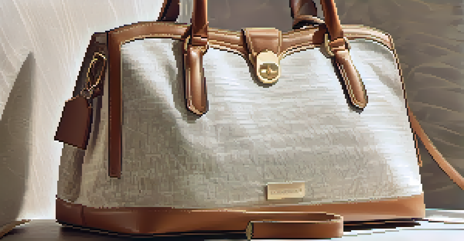 A close-up of a sustainable luxury handbag on a natural fabric background, with sunlight enhancing its details.