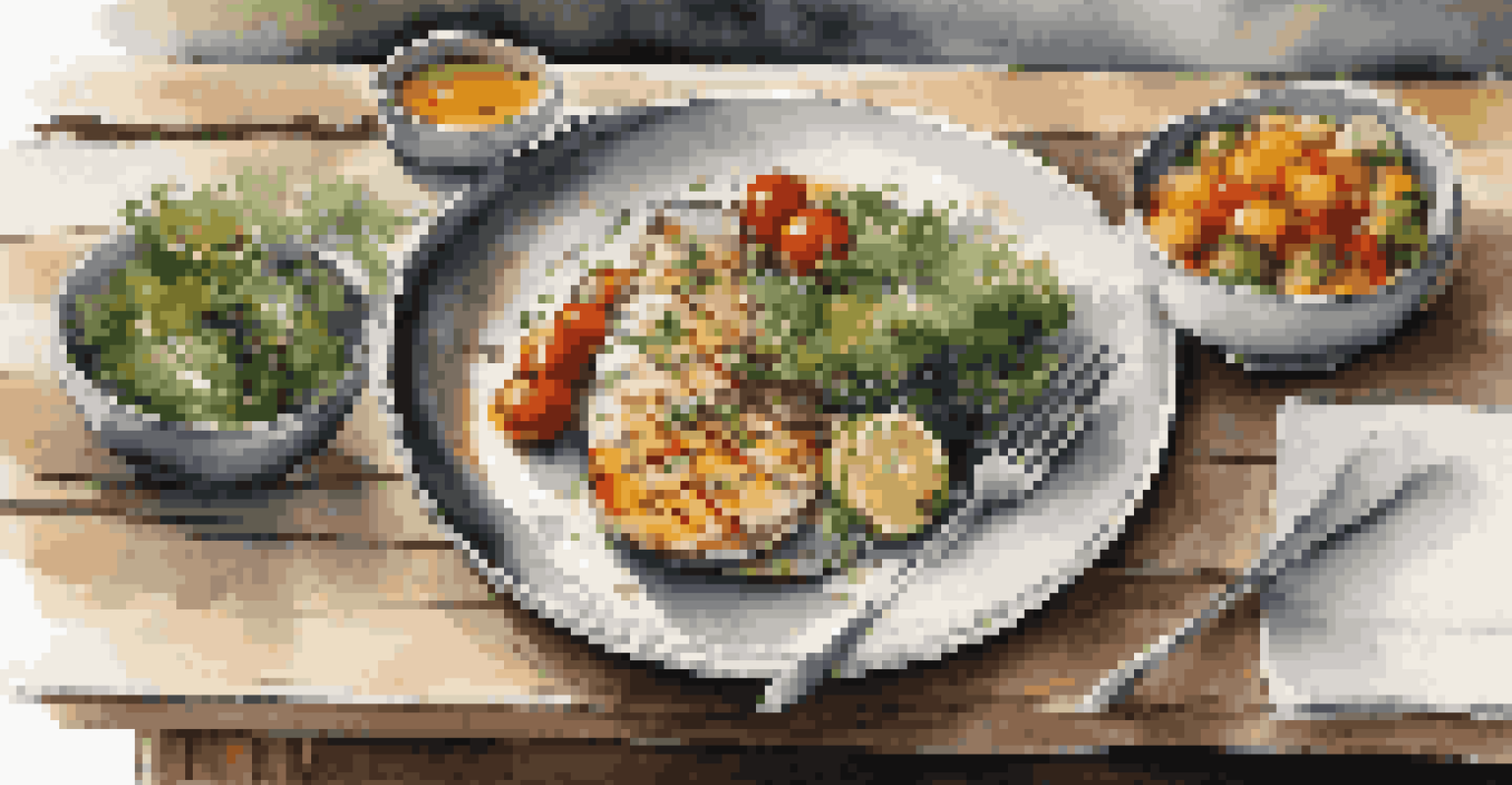 A gourmet meal featuring fresh vegetables and grilled fish on a rustic wooden table.