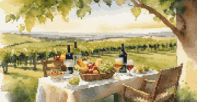 An outdoor picnic at a sustainable vineyard, featuring organic wine and a beautiful landscape with solar panels.