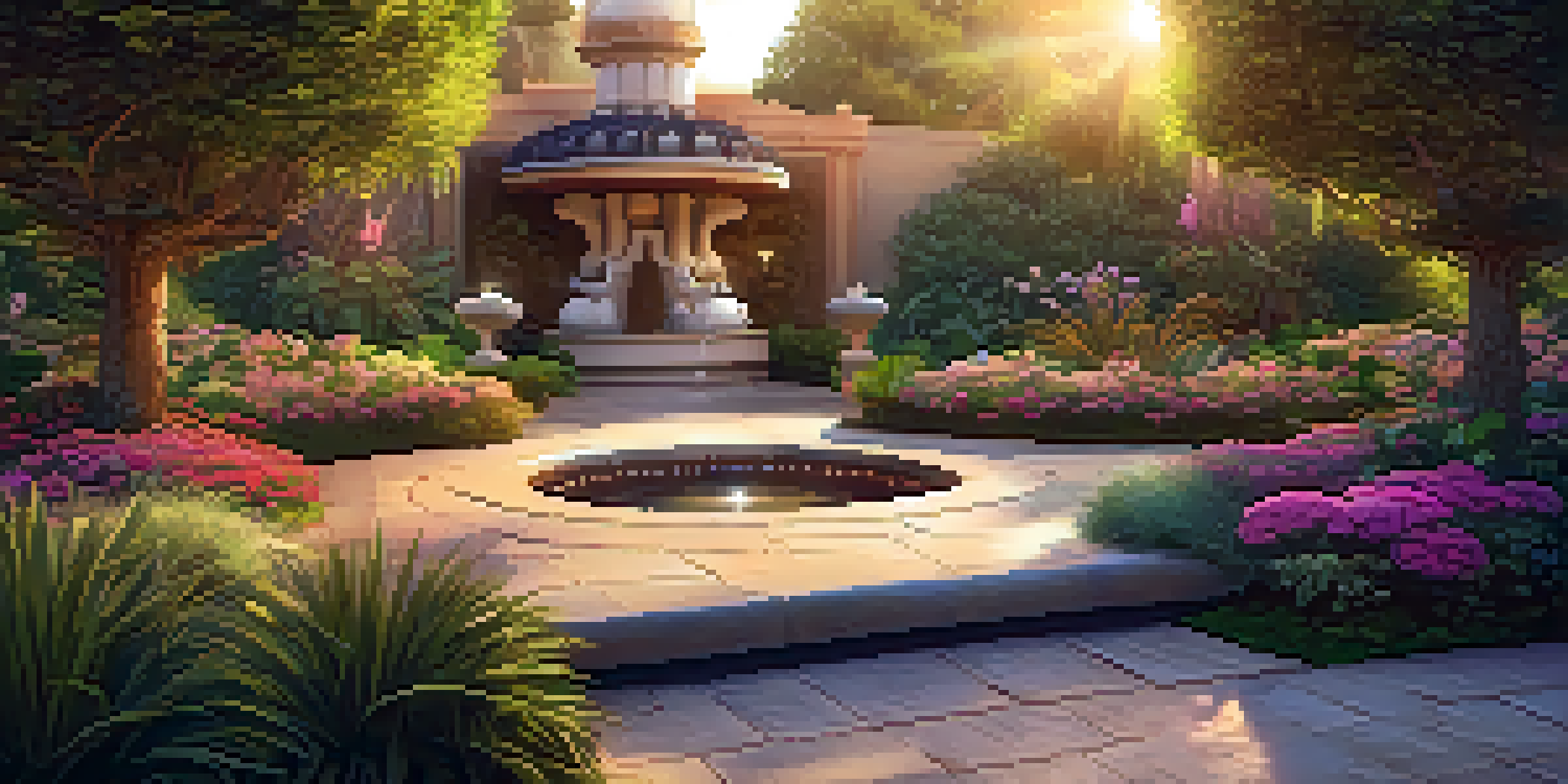 A luxurious garden with a water fountain, exotic flowers, and a cozy seating area, illuminated by soft sunset light.