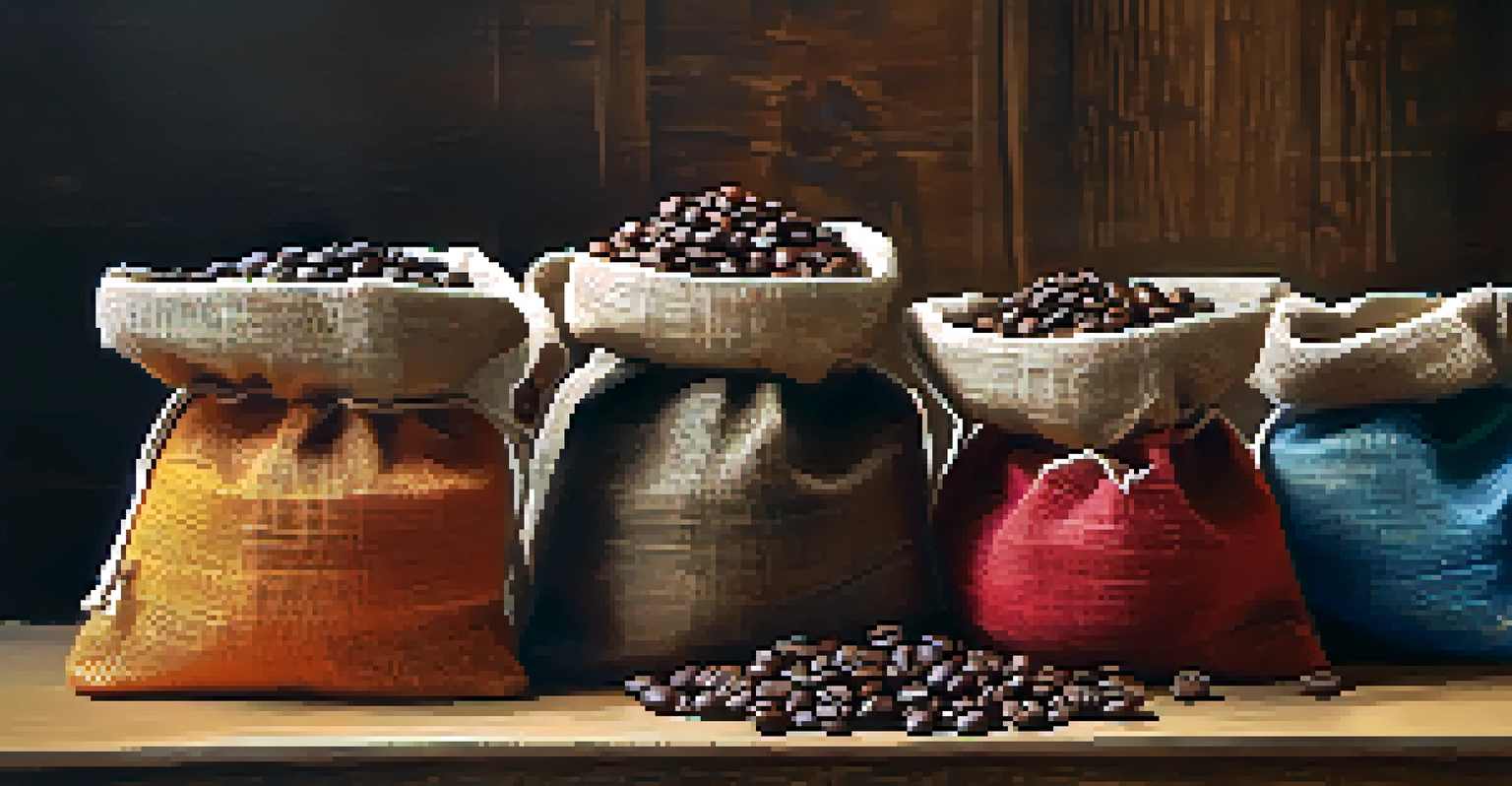 An artistic display of colorful burlap sacks filled with artisan coffee beans on a rustic wooden table, illuminated by soft natural light.