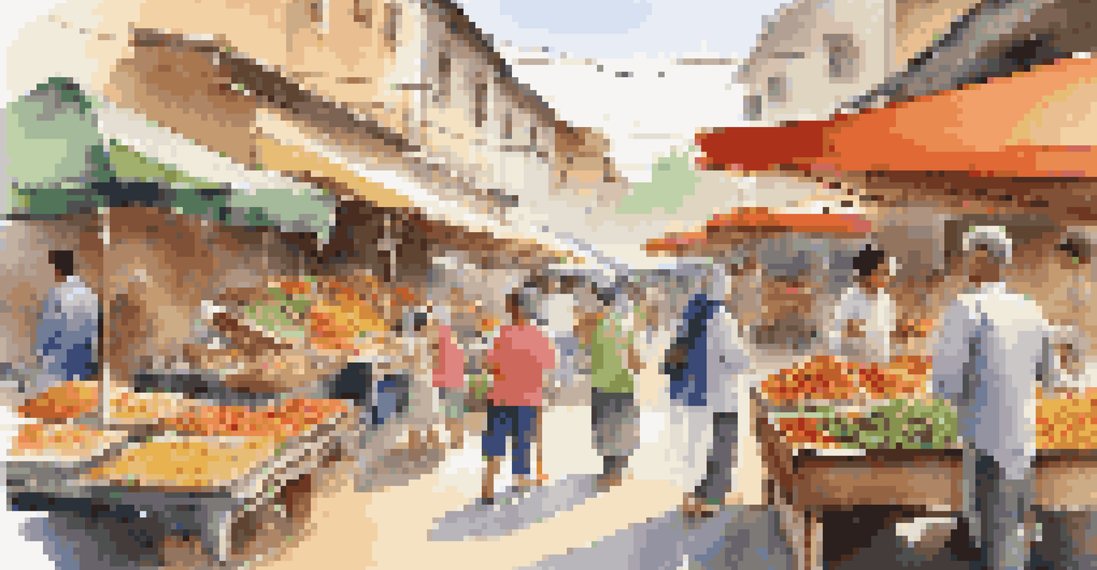 A family exploring a local market, sampling street foods amidst colorful stalls and lively interactions.