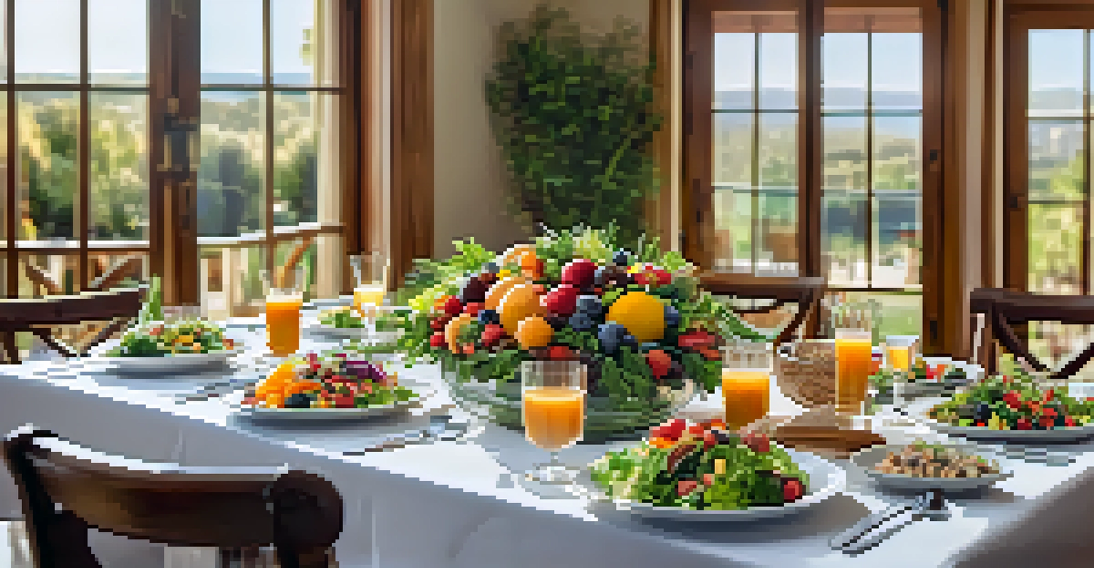 A dining table with healthy food options like salads and fruits, illuminated by natural light.