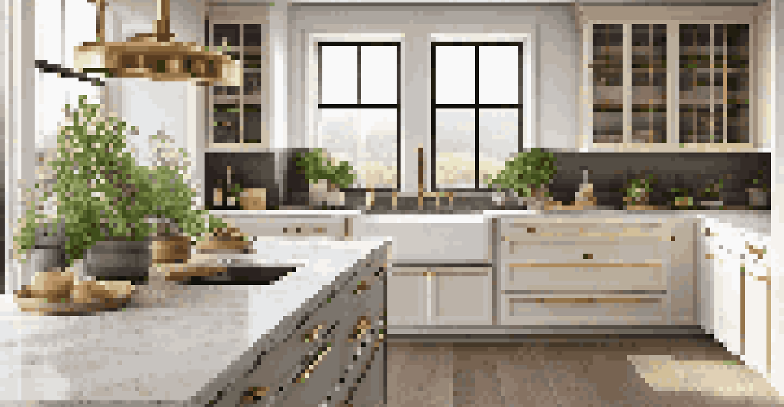 An elegant kitchen with stone countertops and brass fixtures, featuring large windows and potted herbs.