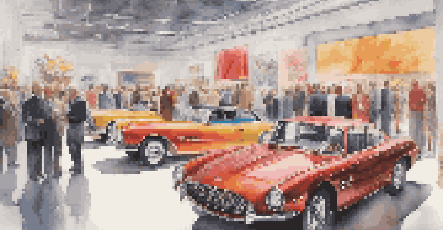 An automotive art exhibition showcasing luxury vehicles designed by famous artists, with a diverse crowd of admirers.