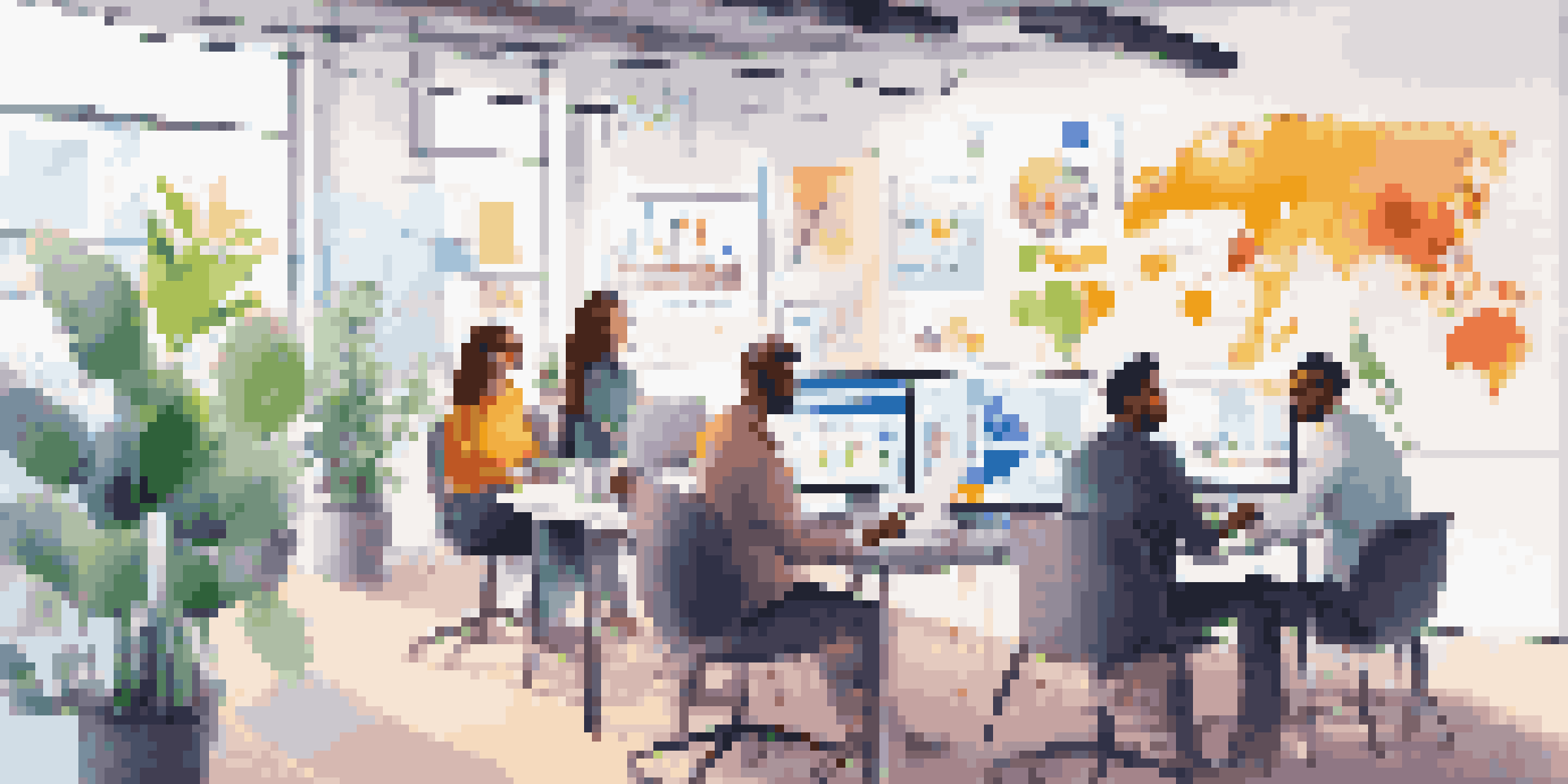A diverse group of professionals collaborating in a bright digital workspace, with colorful charts and graphs on a laptop screen.