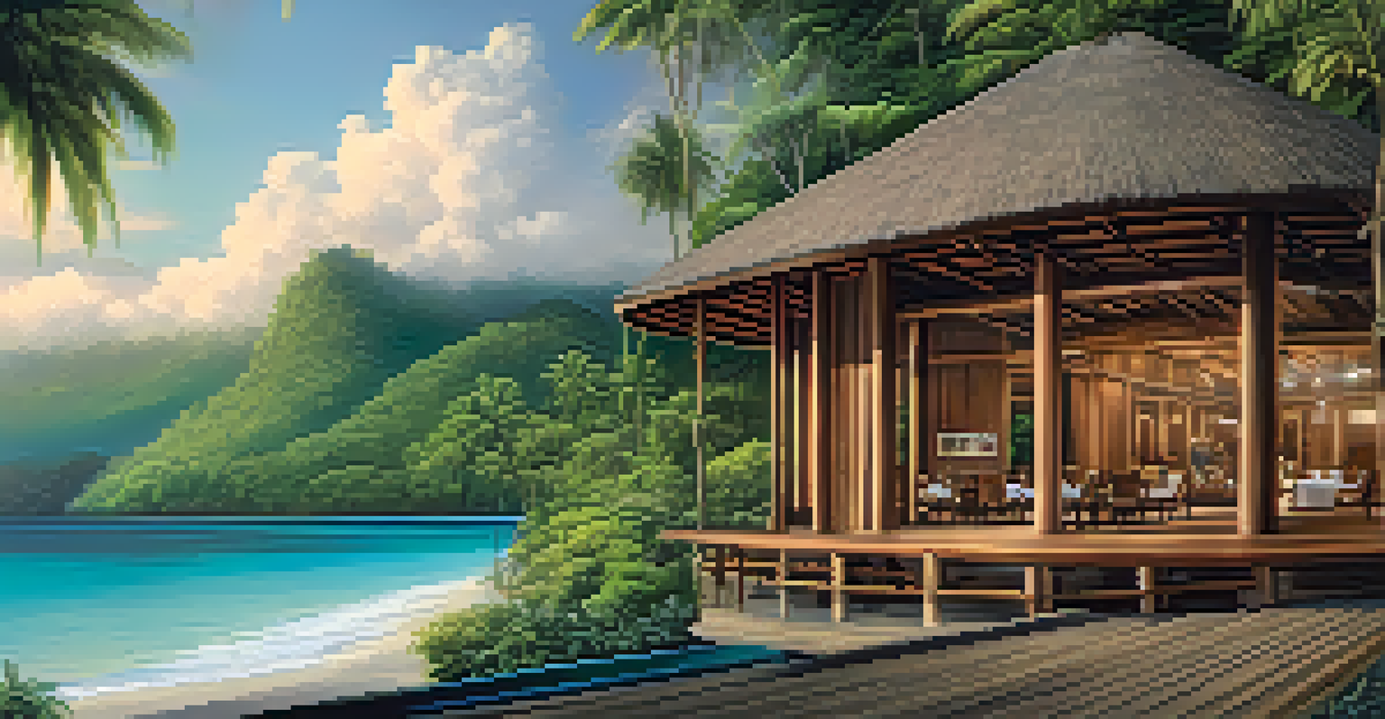 A luxury lodge on a beachfront in Papua New Guinea, surrounded by greenery and offering stunning ocean views.