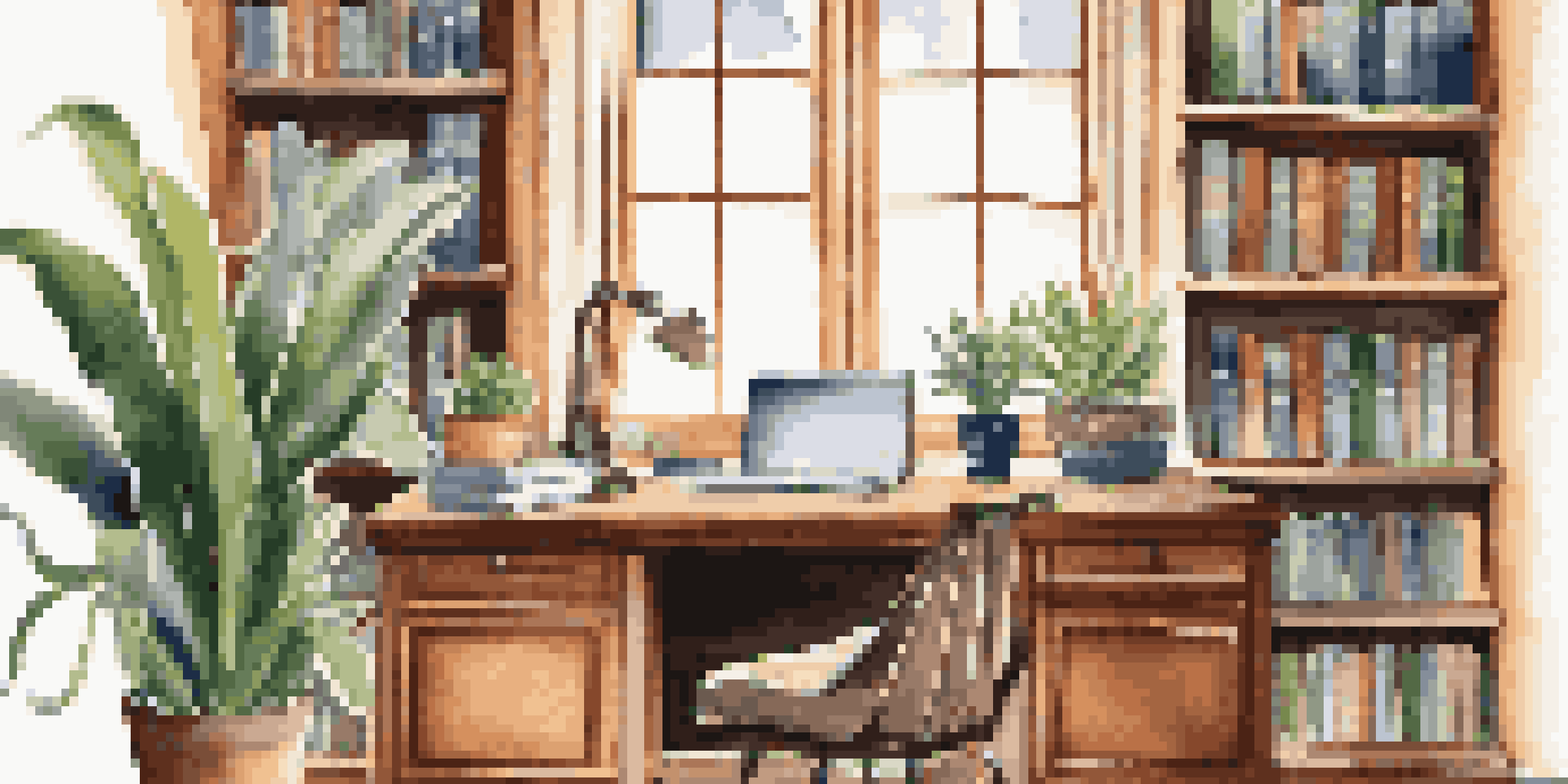 A bright and inviting home office with a Snake Plant on a desk, a cozy armchair, and a bookshelf filled with books.