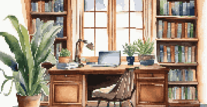 A bright and inviting home office with a Snake Plant on a desk, a cozy armchair, and a bookshelf filled with books.