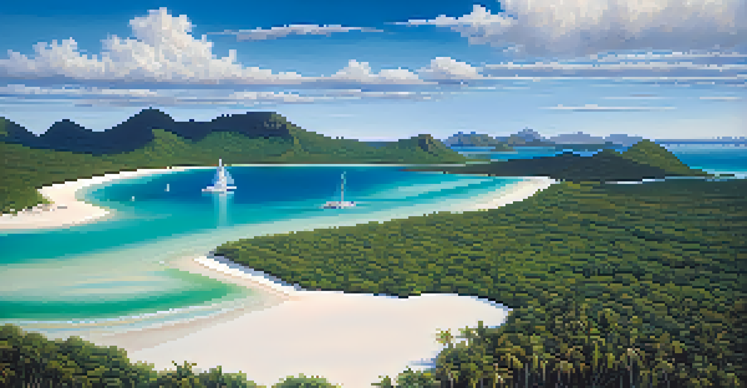 Aerial view of Whitehaven Beach with white sands and clear waters, surrounded by green hills and a small sailboat.
