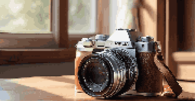 A detailed view of a mirrorless camera on a wooden table with luxurious photography accessories.