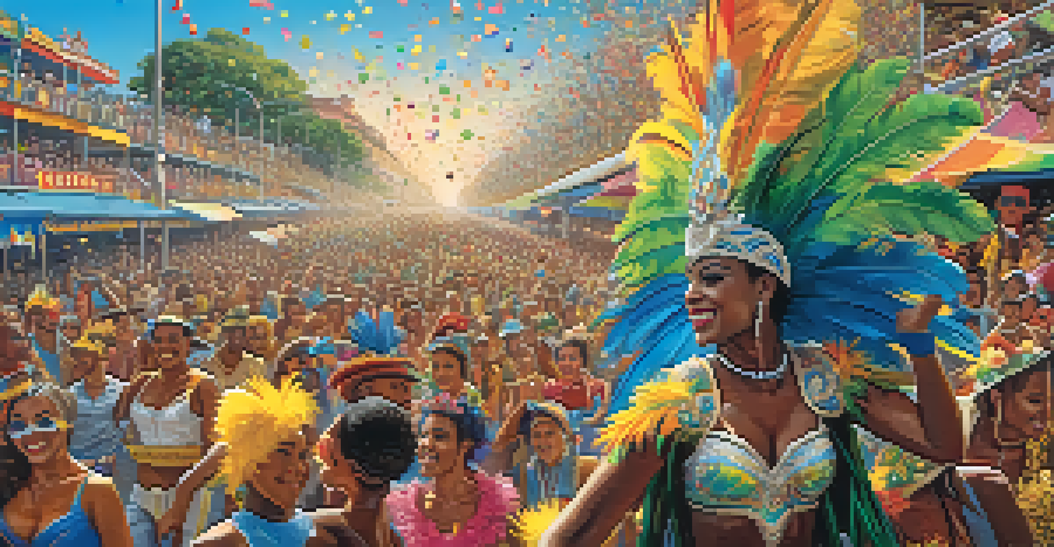The Carnival in Brazil with samba dancers in colorful costumes, festive floats, and an energetic crowd.
