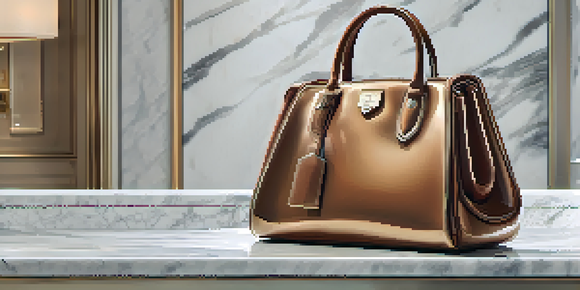A luxurious designer handbag on a marble countertop with soft lighting, set in a blurred high-end boutique background.
