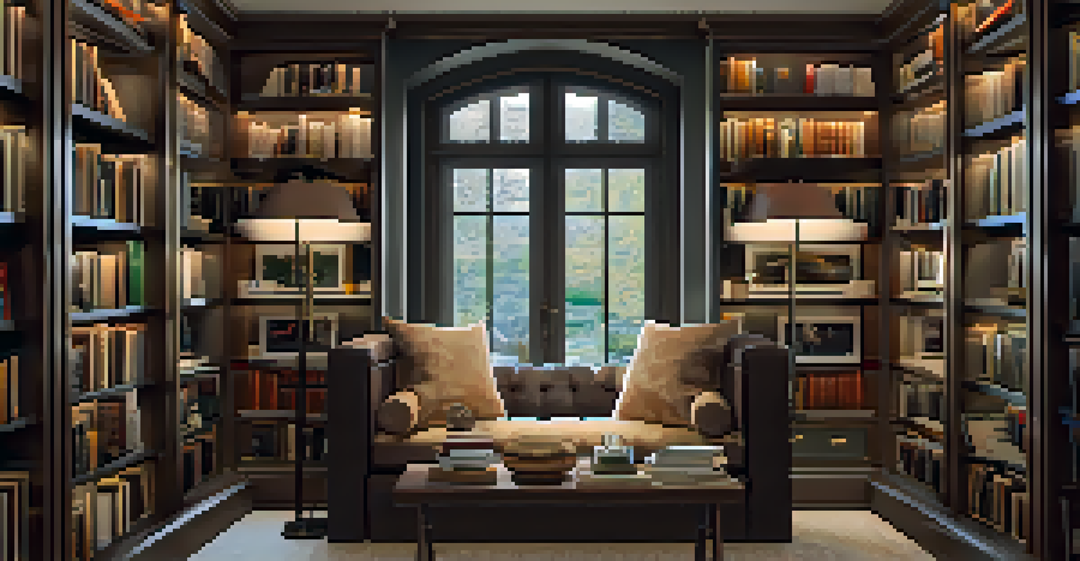 A cozy reading nook with a window seat, soft cushions, and bookshelves filled with literature, featuring personal decor and warm lighting.