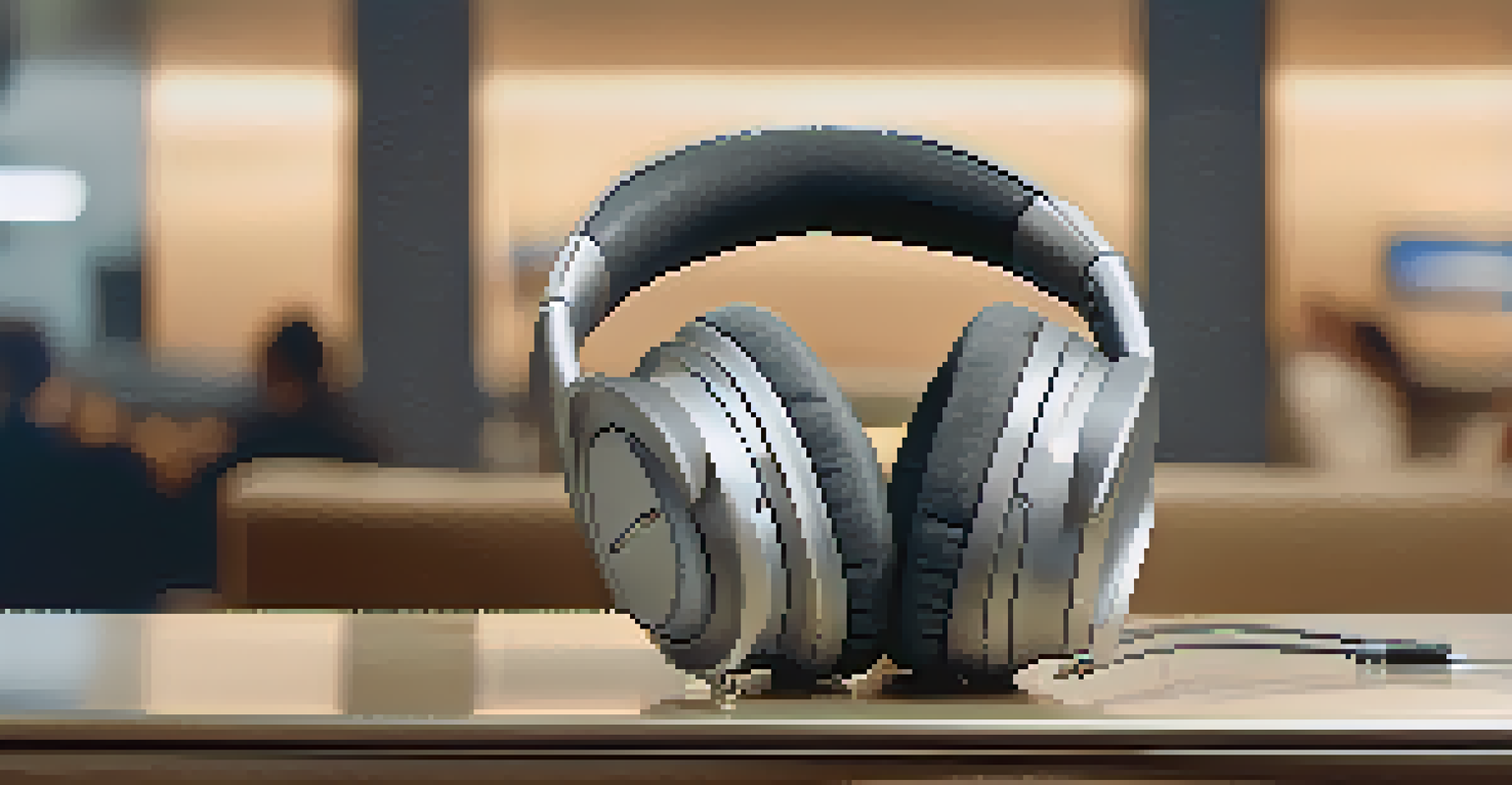 Close-up of noise-canceling headphones on a plush travel pillow, with a blurred background of a cozy airport lounge.