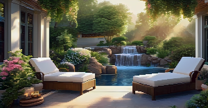A tranquil outdoor spa with a lounge chair surrounded by flowers and plants, featuring a waterfall in the background under warm sunlight.