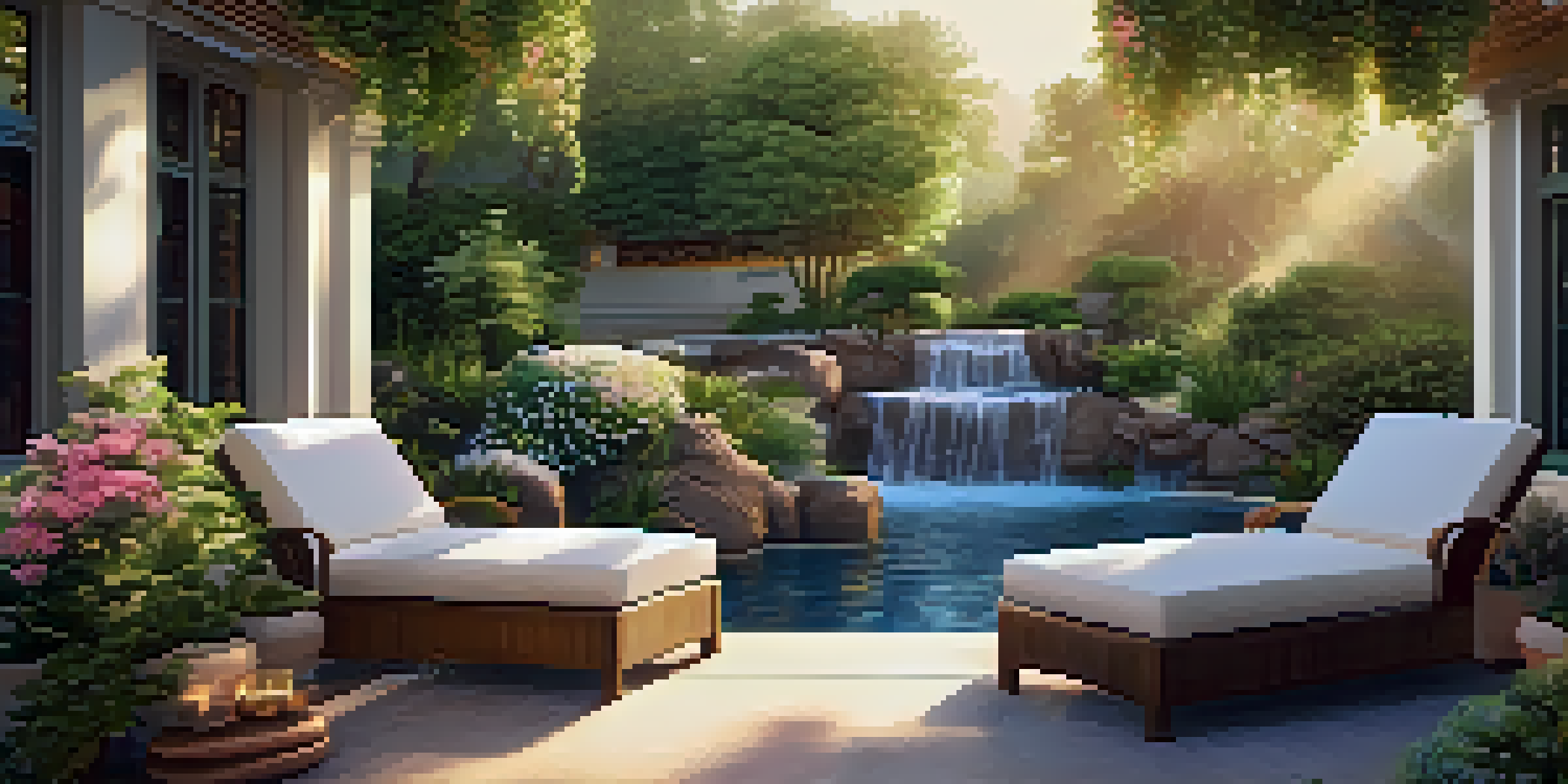 A tranquil outdoor spa with a lounge chair surrounded by flowers and plants, featuring a waterfall in the background under warm sunlight.