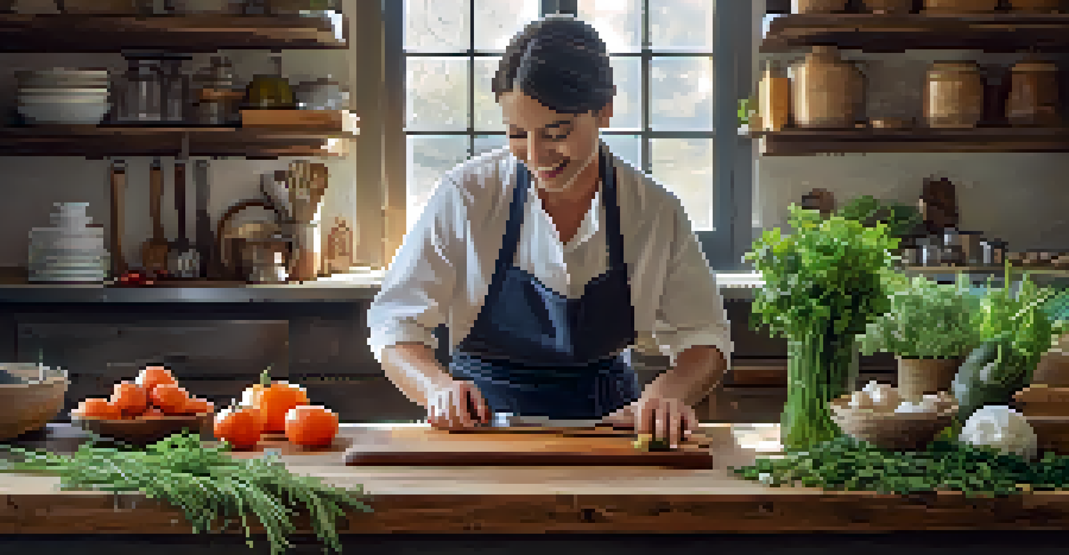 A chef in a rustic kitchen preparing fresh ingredients for a farm-to-table meal, with herbs and vegetables on the counter.