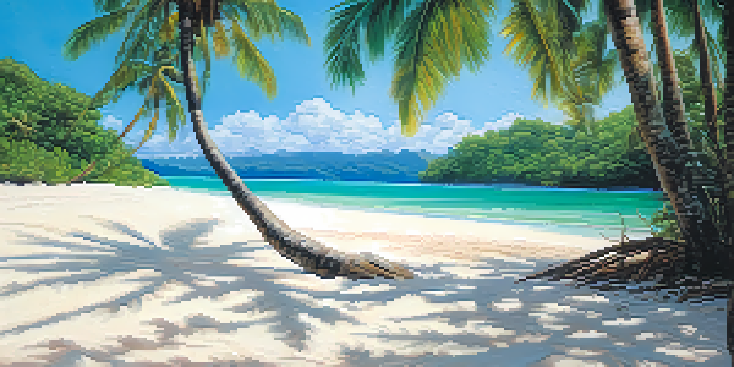 A tranquil scene of a beach with white sand and turquoise waters, framed by palm trees and green hills under a sunny sky.