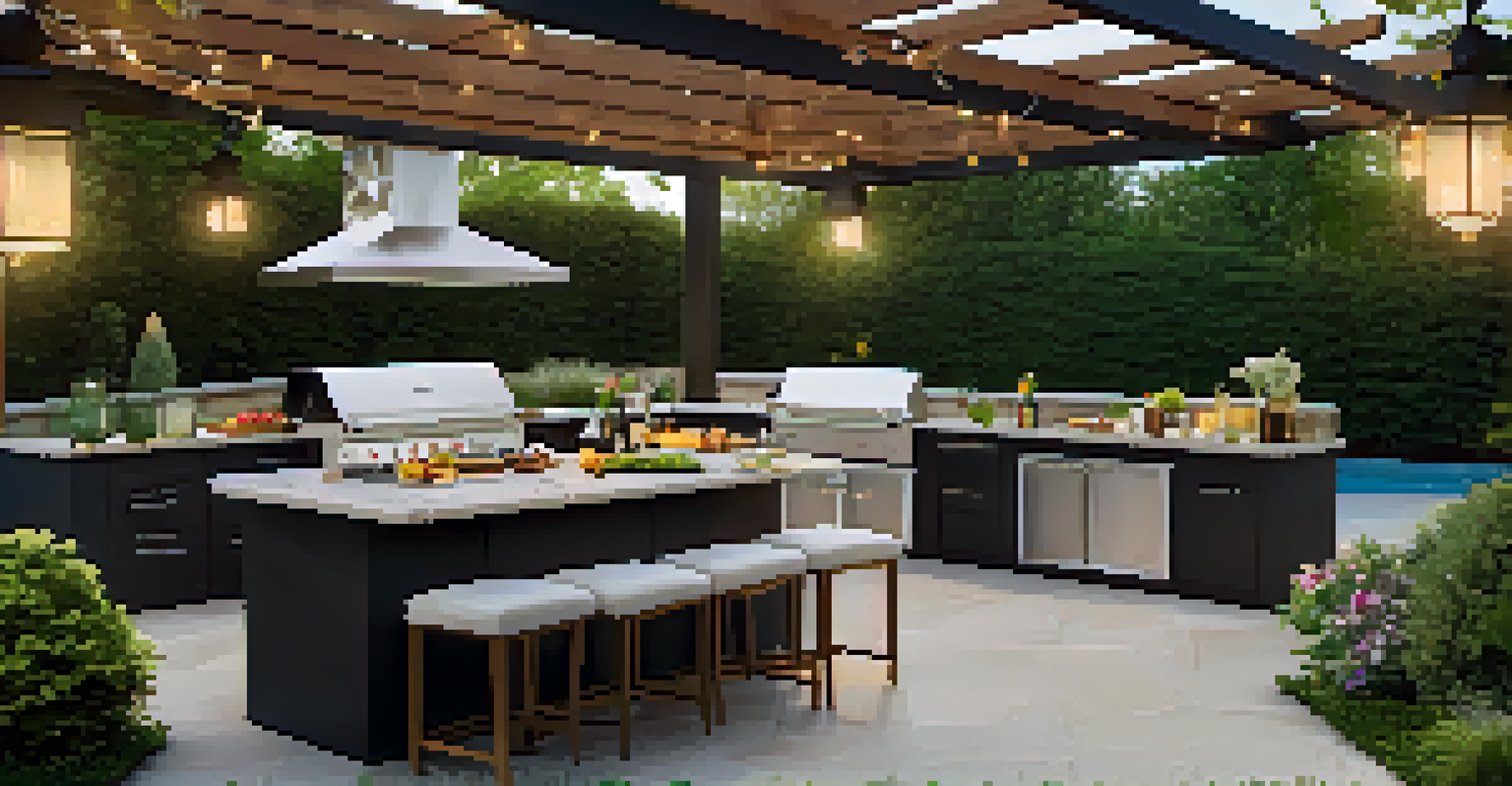 An outdoor kitchen with a dining area under a pergola, featuring a family enjoying a meal surrounded by vibrant flowers and plants.