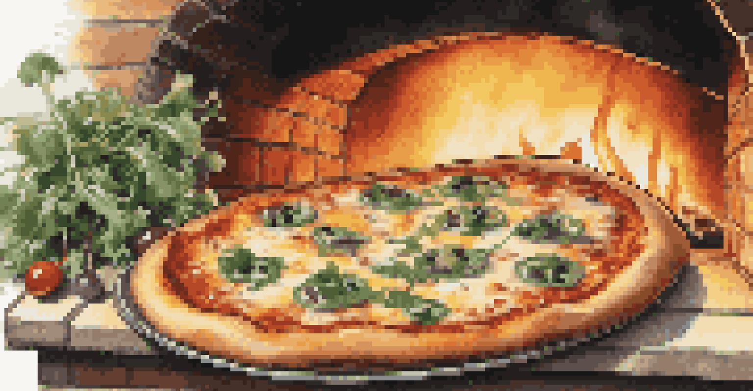 A close-up of a freshly baked gourmet pizza with a charred crust and vibrant toppings, emerging from a wood-fired oven.