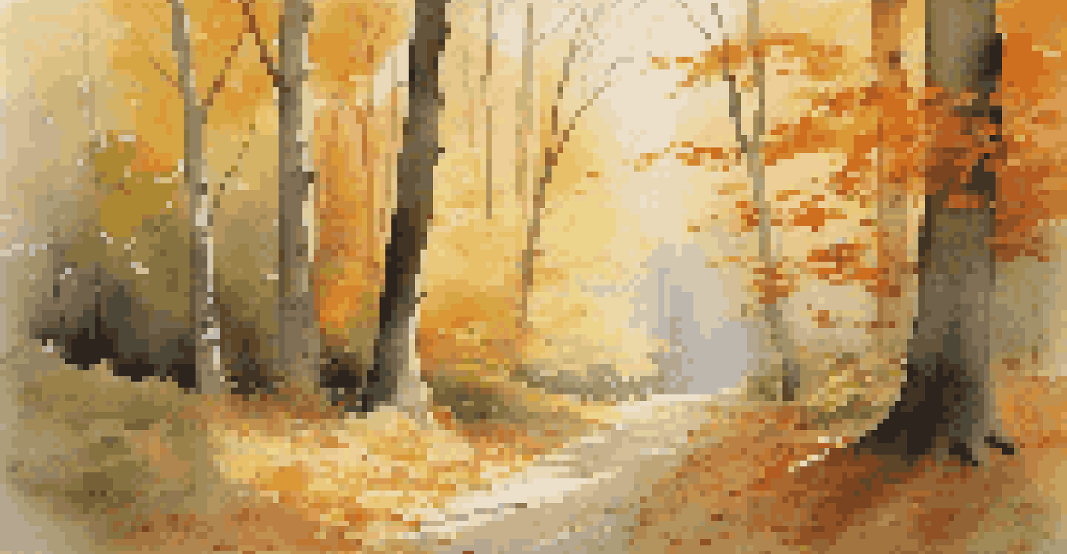 A tranquil forest in autumn with colorful leaves, a winding path, and a wooden bench.