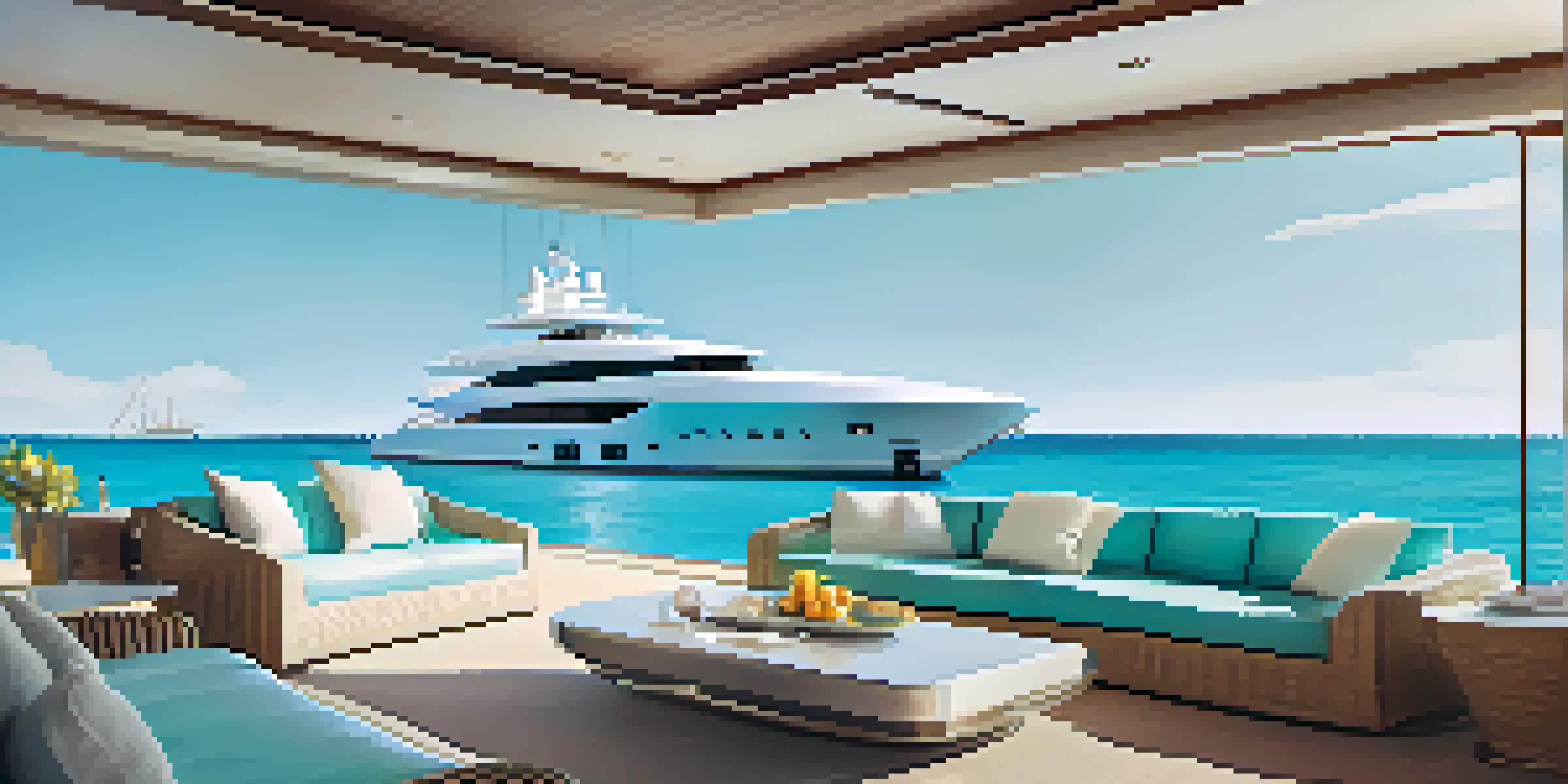 A luxury yacht sailing on clear blue waters in a sunny environment, showcasing its elegant design and inviting deck space.