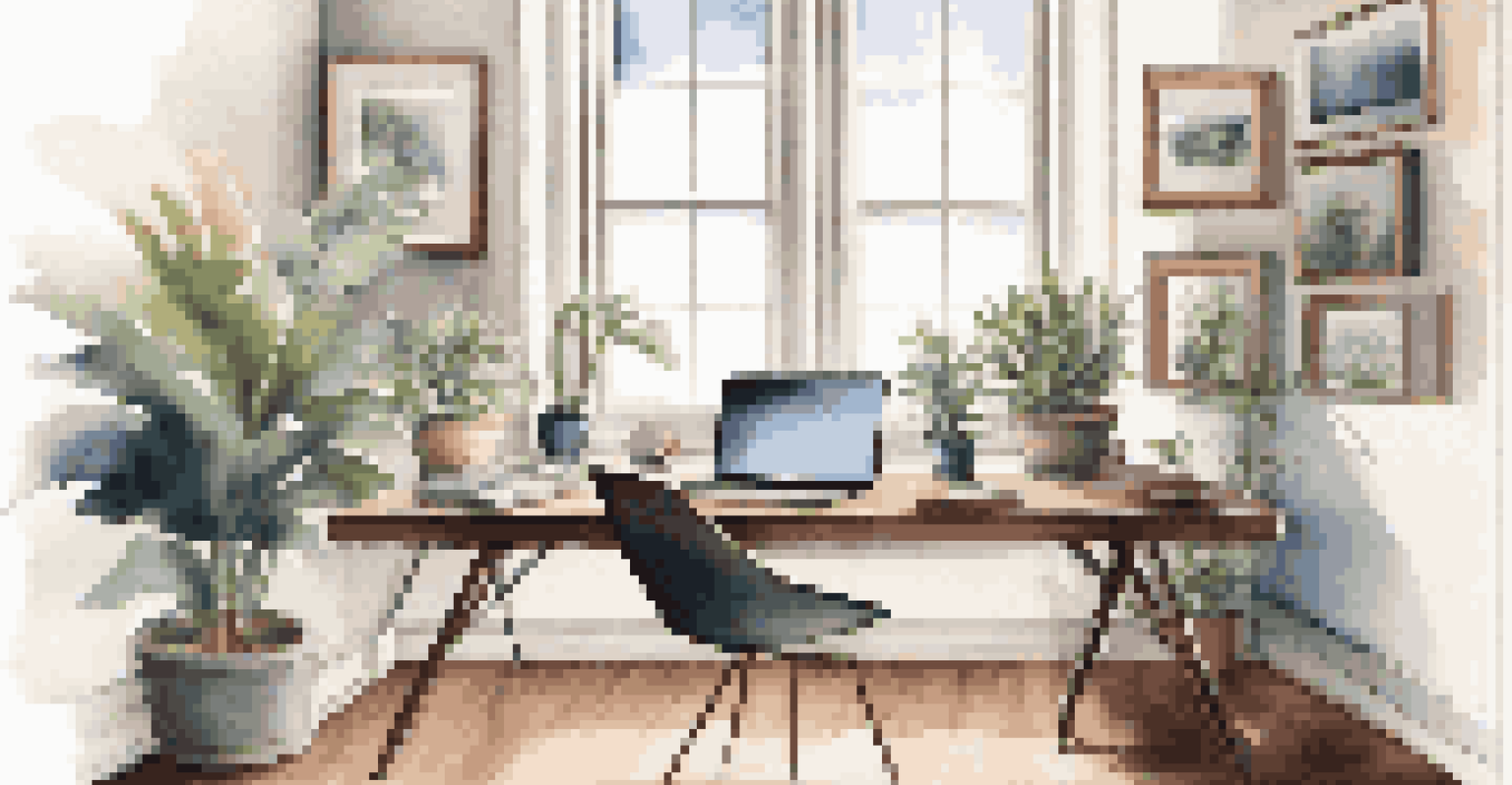 A modern workspace with a laptop, plant, and coffee cup, illuminated by natural light from a window.
