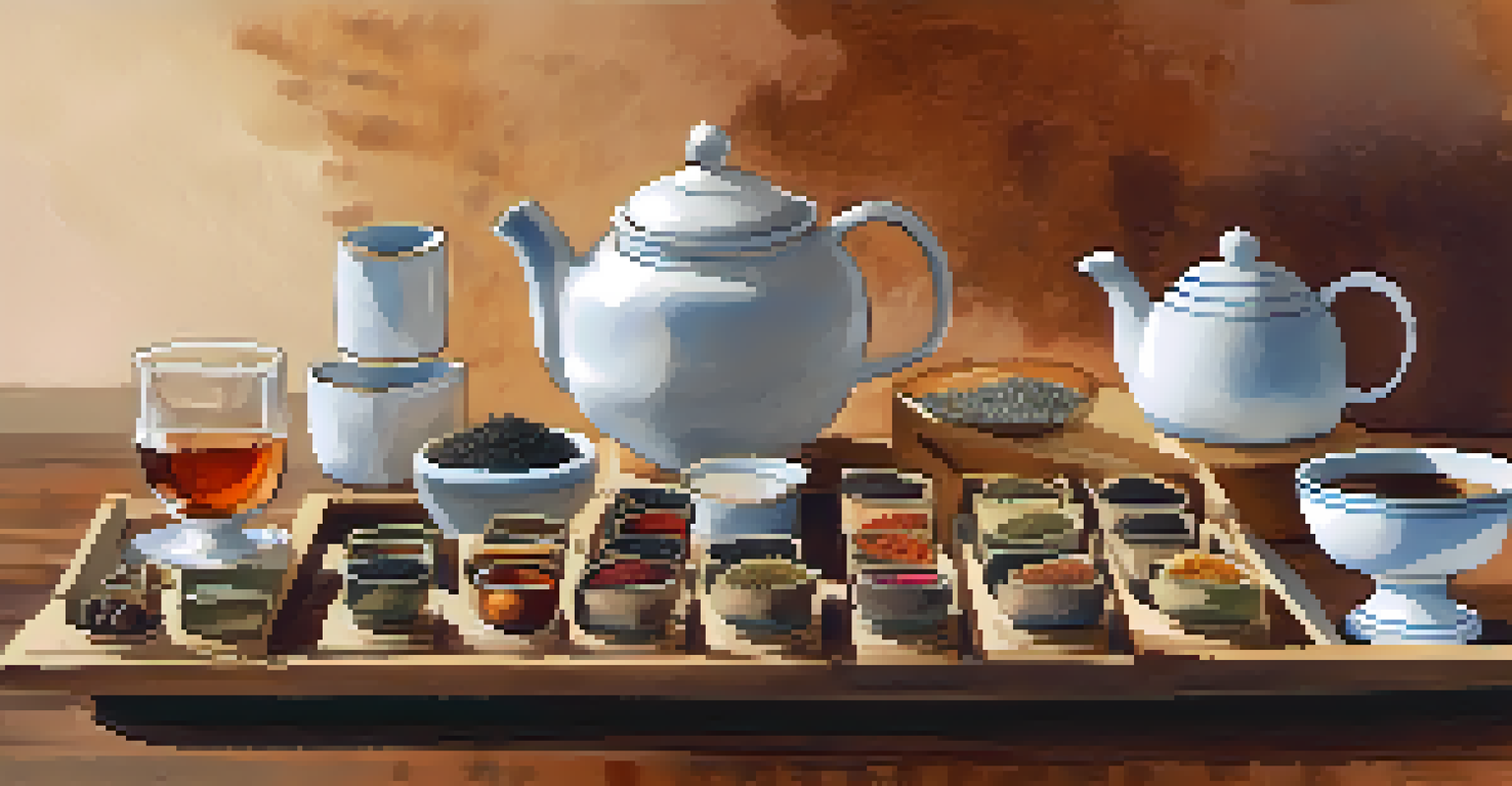 A tea tasting setup with cups of various tea blends and plates of dried fruits and spices on a wooden table, with an open tasting journal.