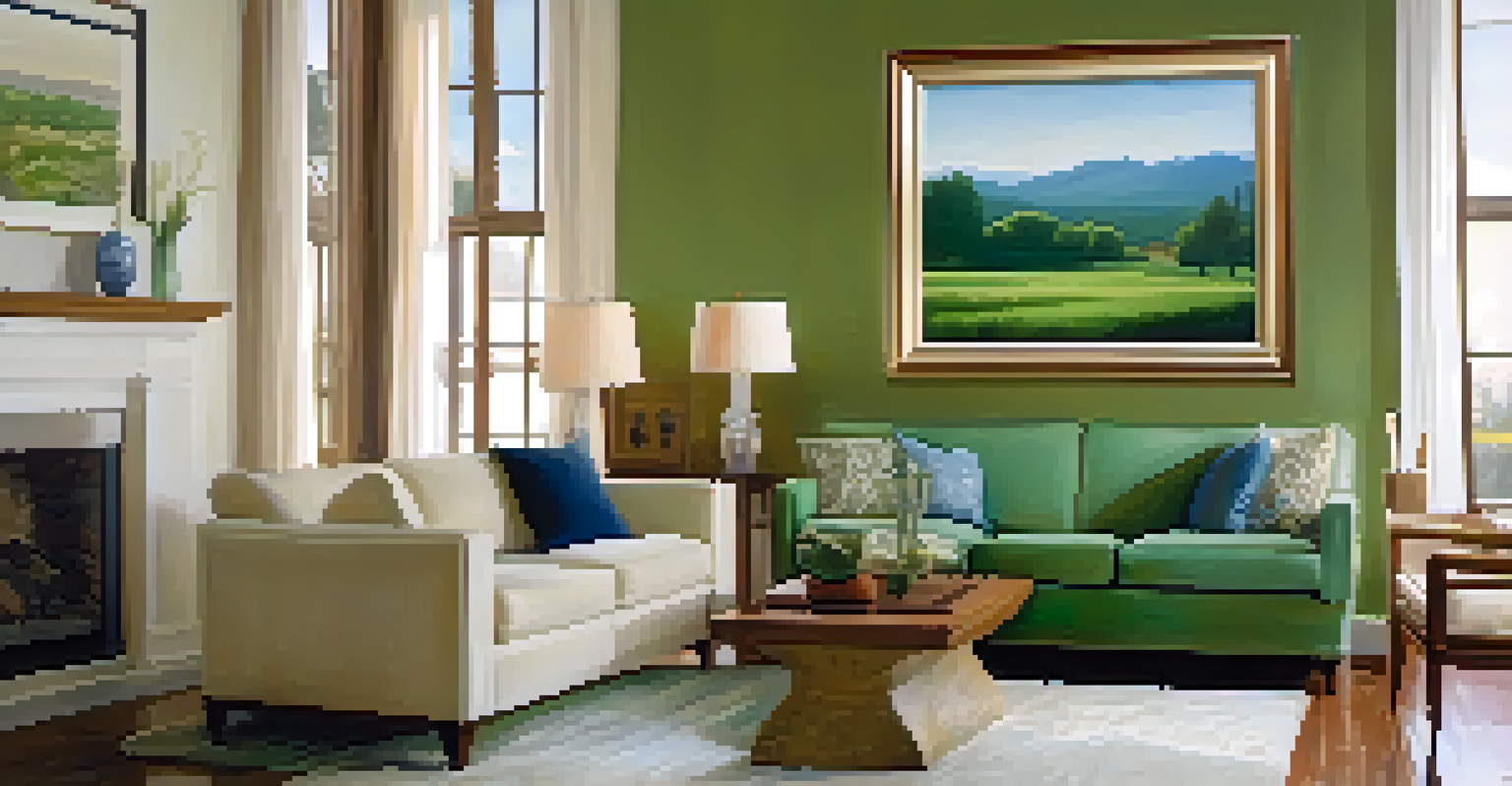 A close-up of a framed oil painting of a landscape, with visible brush strokes and a soft light reflection.