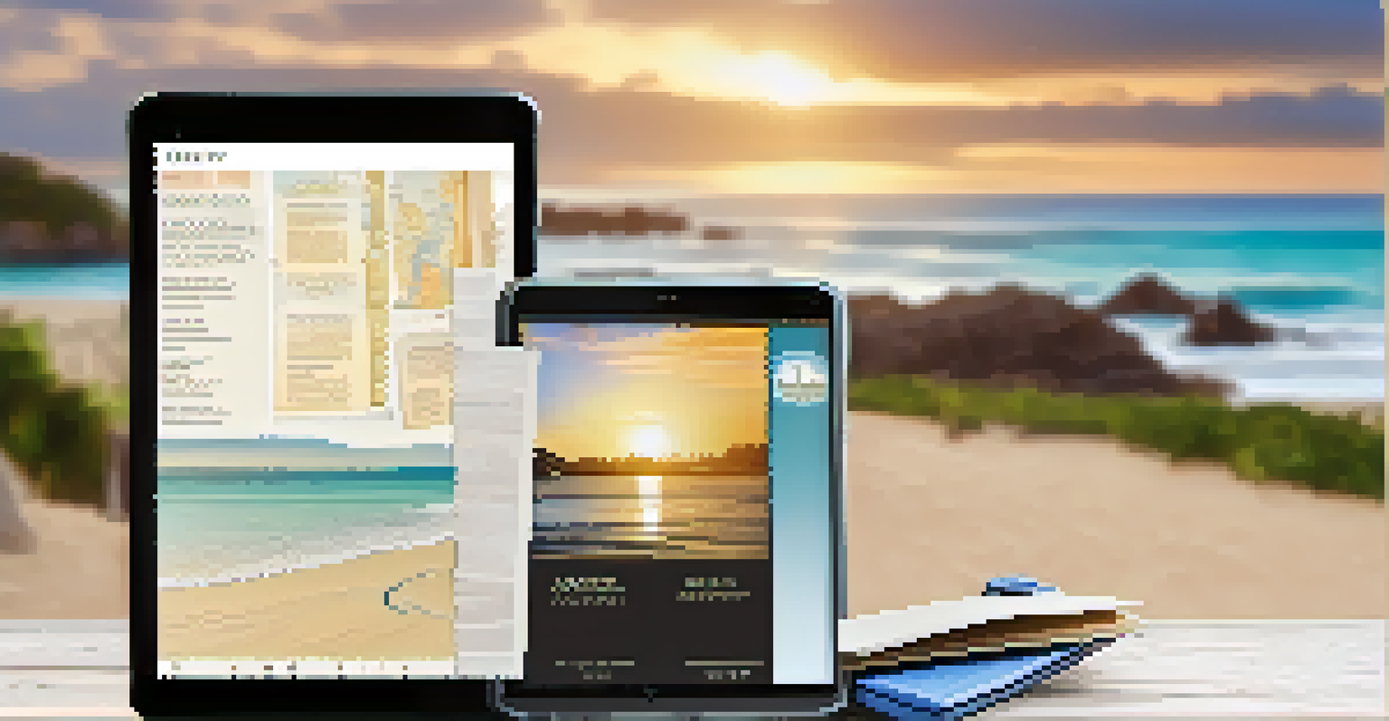 A travel itinerary on a tablet with a passport and scenic postcard, set against a soft-focus beach background.
