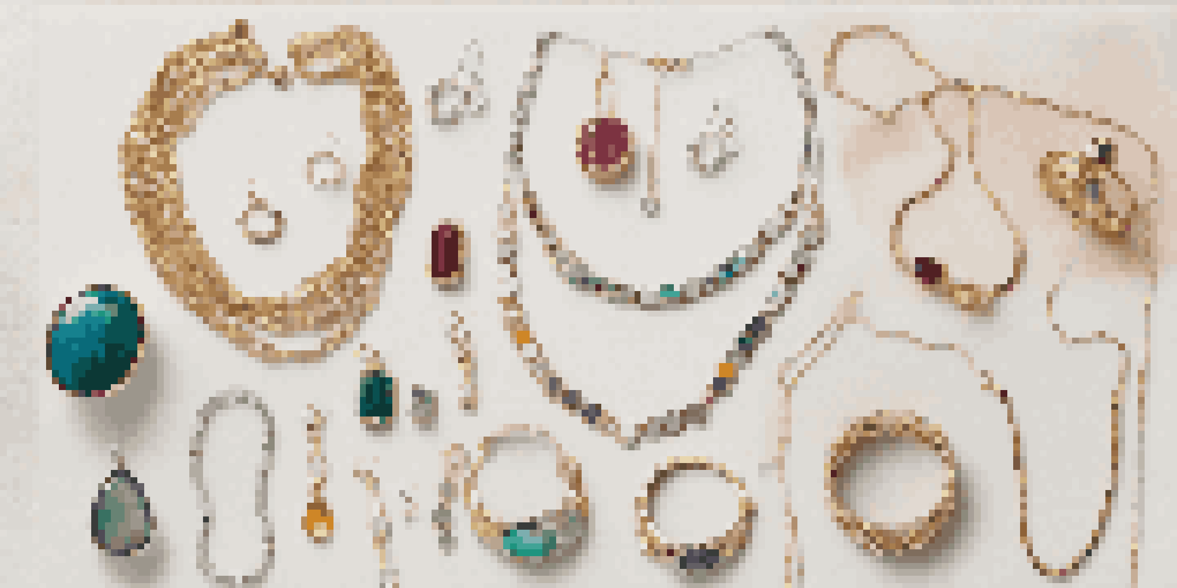 A flat lay arrangement of layered jewelry including gold and silver necklaces, stackable rings, and colorful gemstone bracelets on a velvet surface.