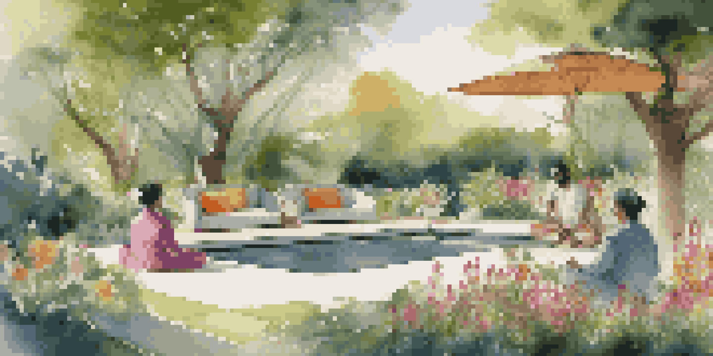 A group of diverse participants meditating in a tranquil garden at a luxury retreat, surrounded by lush greenery and a small pond.