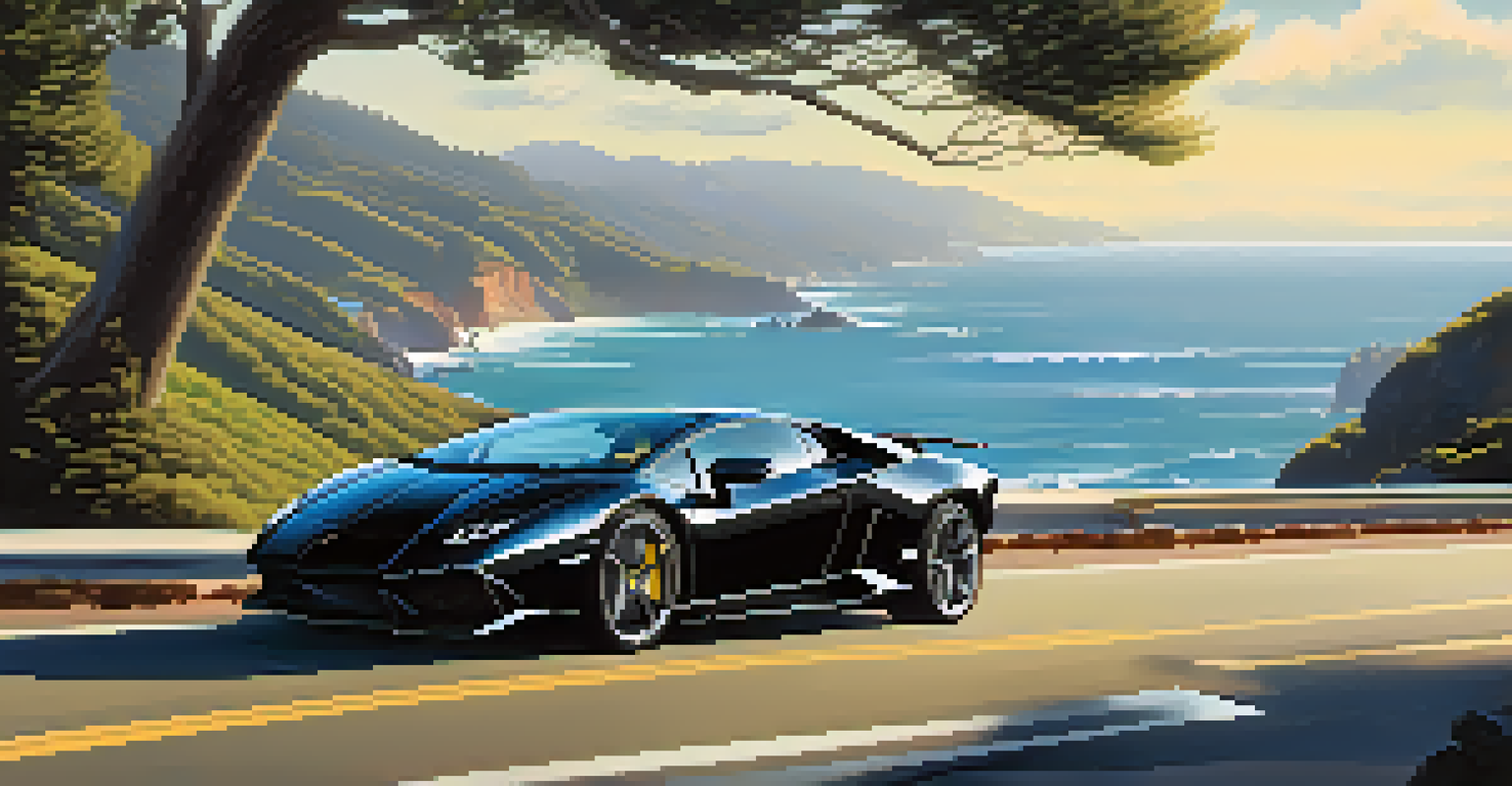 A black Lamborghini driving on the Pacific Coast Highway with ocean views.