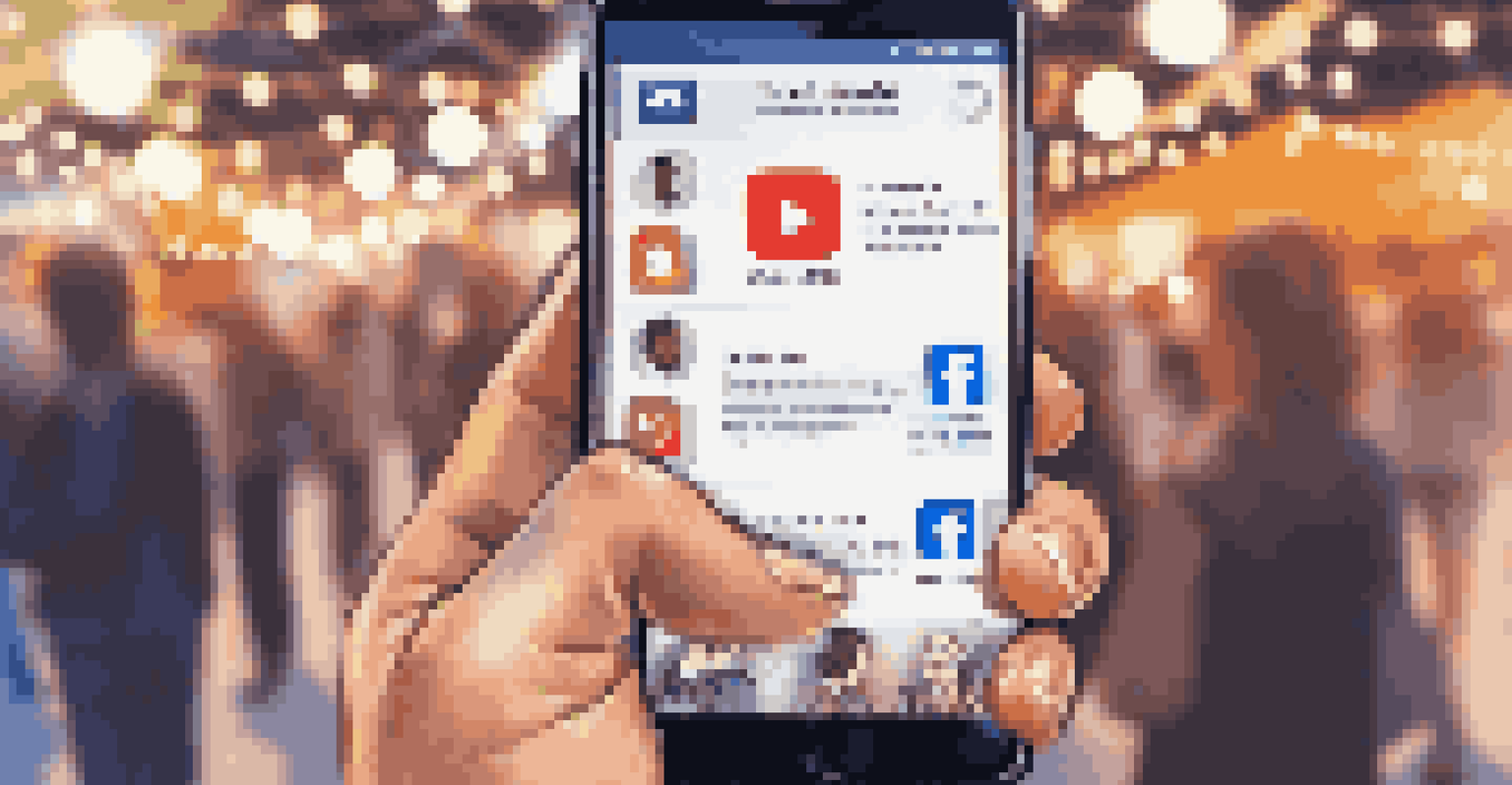 A close-up of a hand holding a smartphone showing networking posts, with blurred figures socializing in the background.