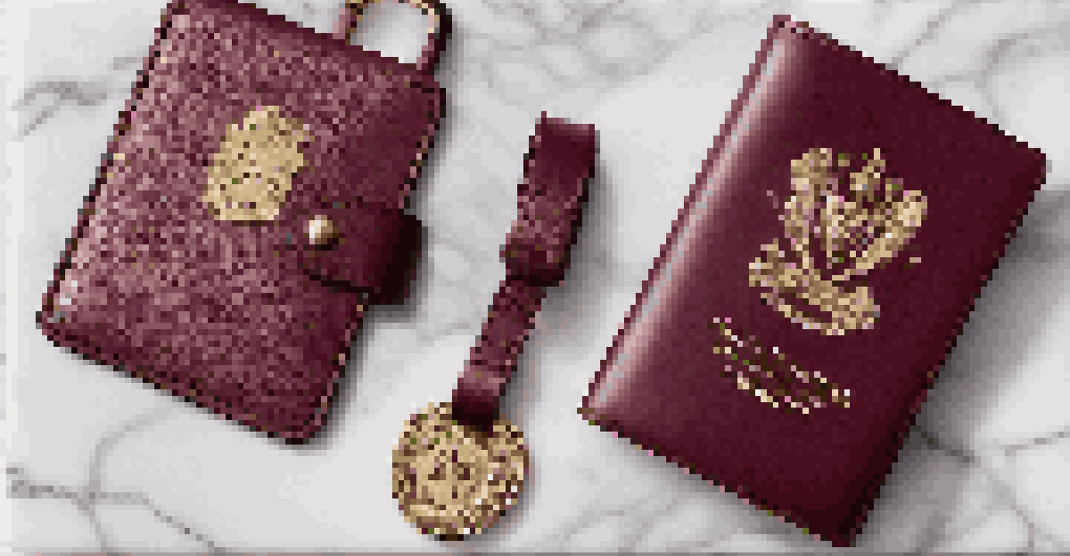 Close-up of personalized travel accessories, including a monogrammed passport holder and luggage tags, on a marble countertop.