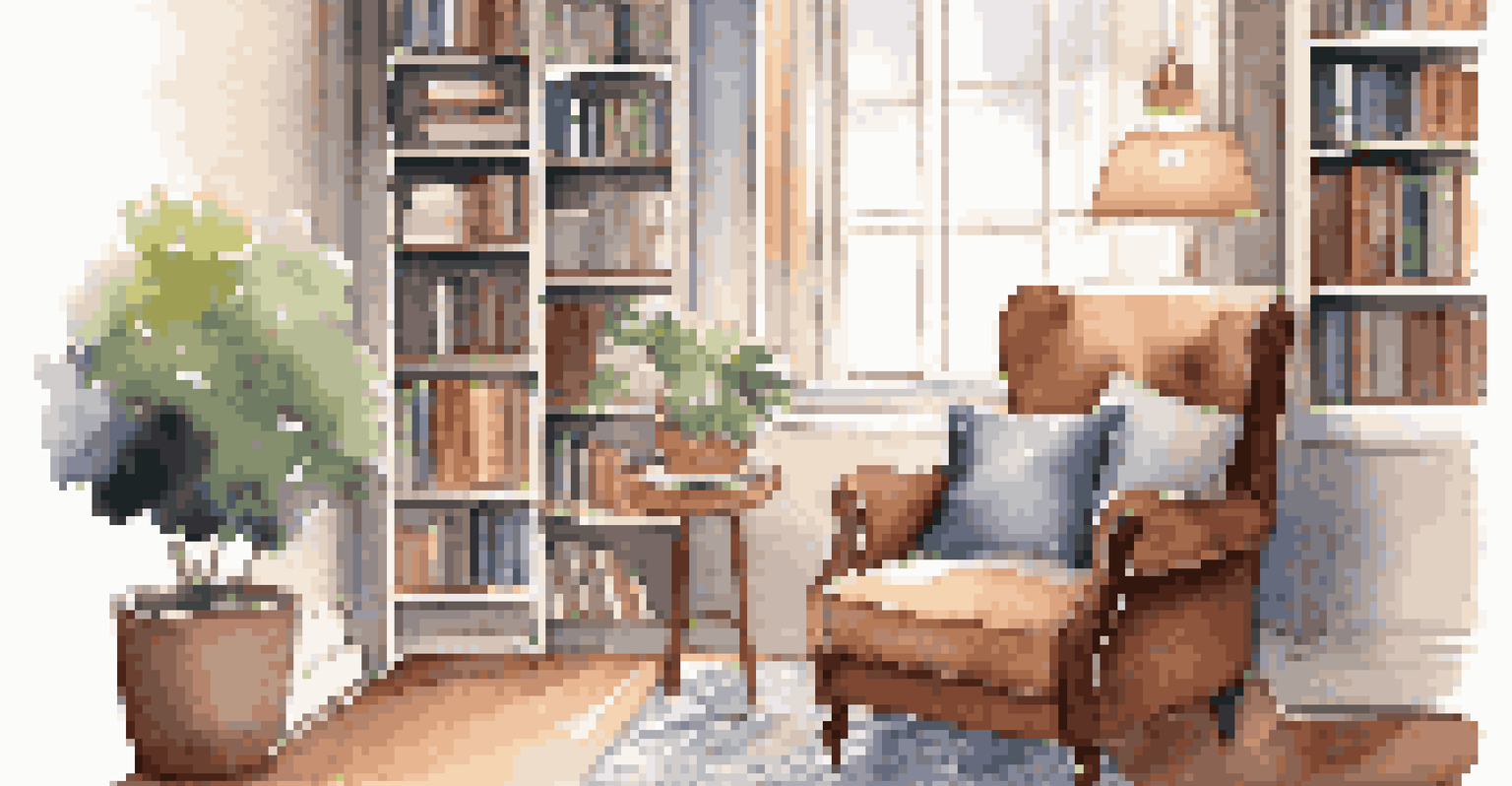 A cozy corner in a home office with an armchair, throw blanket, and bookshelf, surrounded by soft lighting and plants.