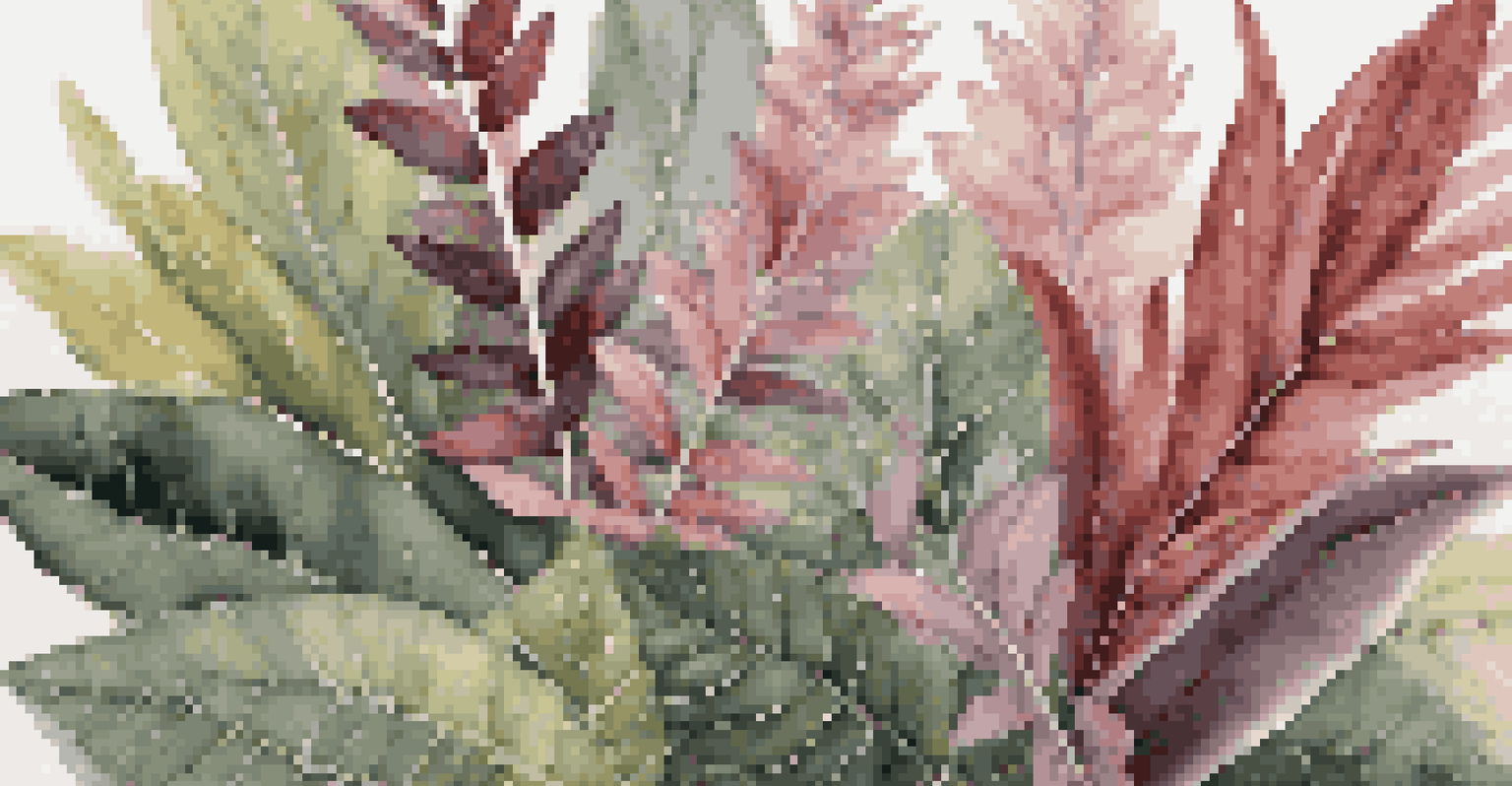 A close-up of different plants with varying textures and colors, highlighting the intricate details of their leaves and water droplets.