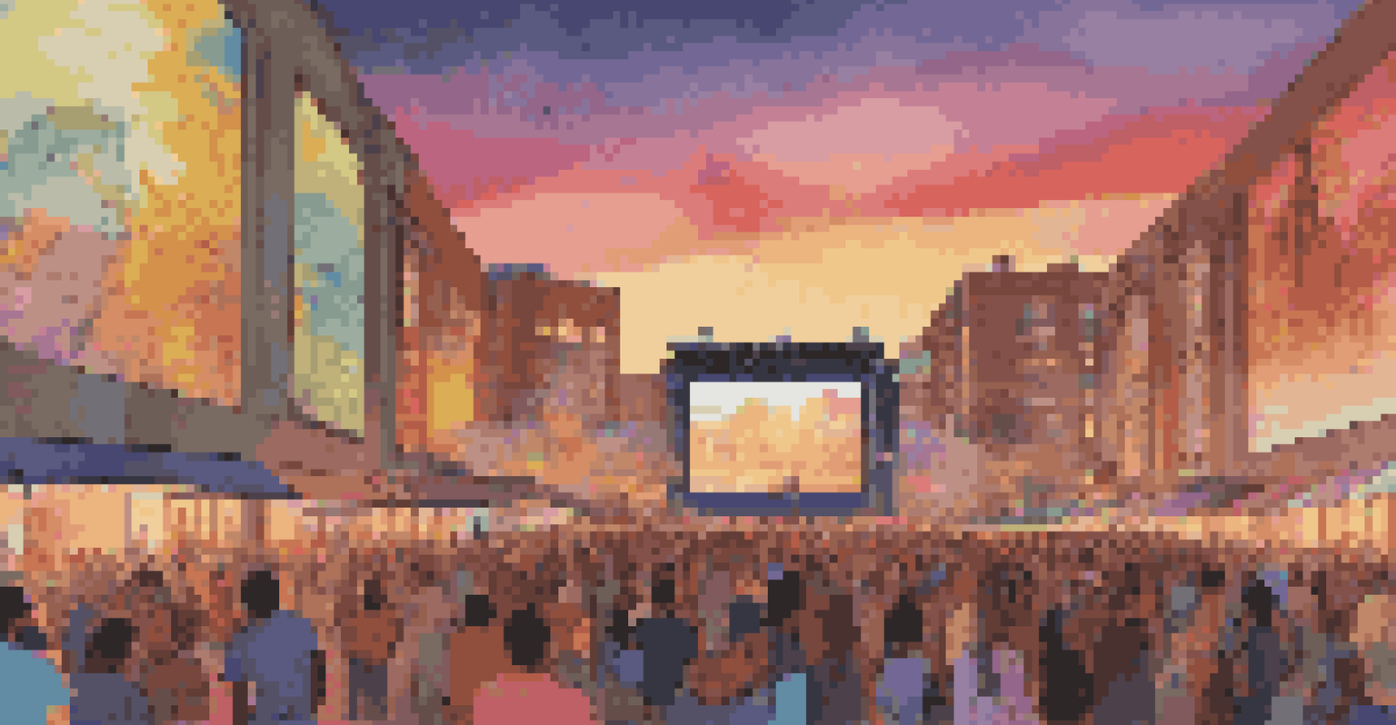 An outdoor digital art festival at sunset, with large-scale art projections on buildings and a diverse crowd admiring the visuals.