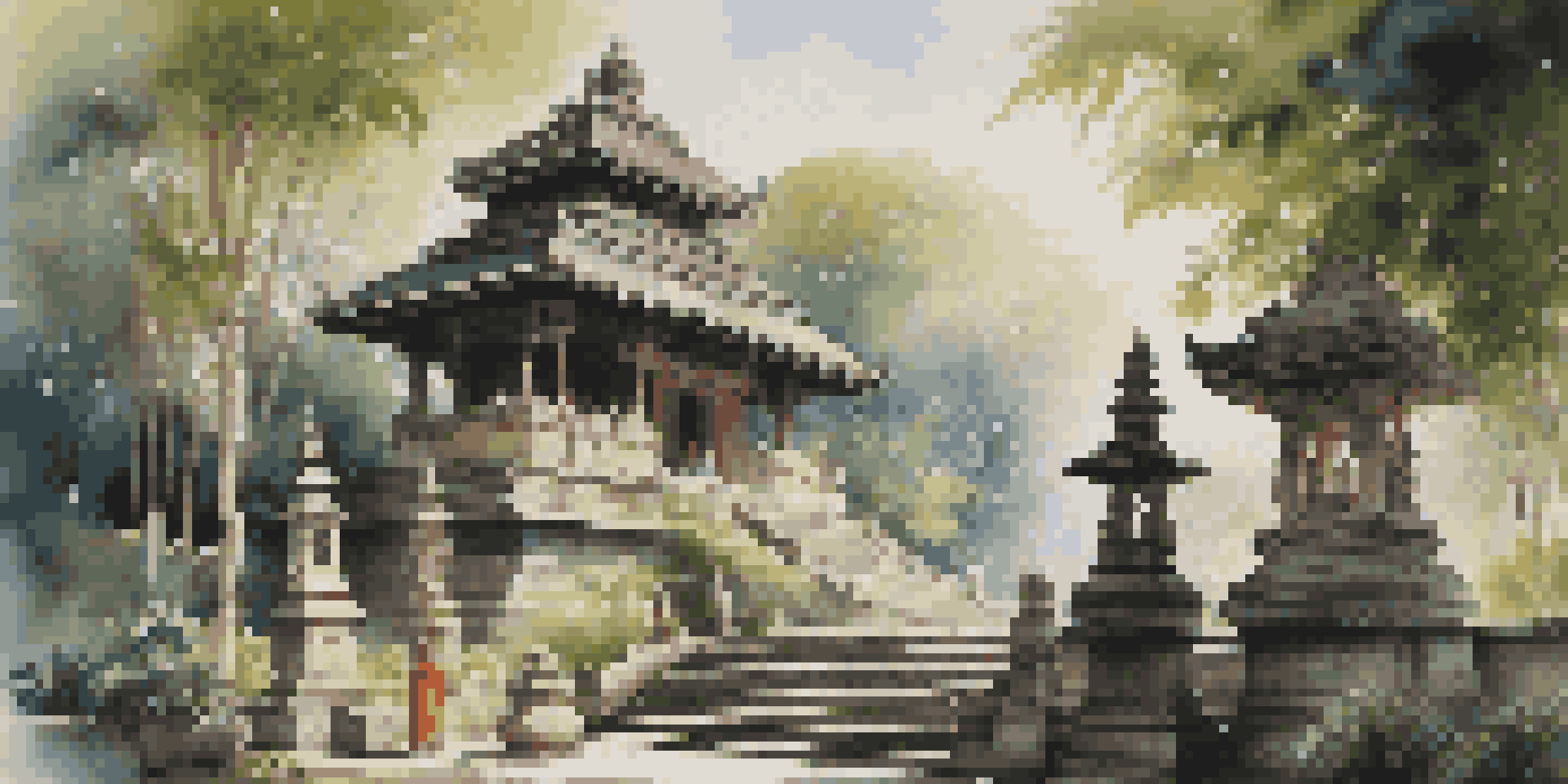 Visitors in modest attire at a Balinese temple, surrounded by greenery and intricate stone carvings in soft morning light.
