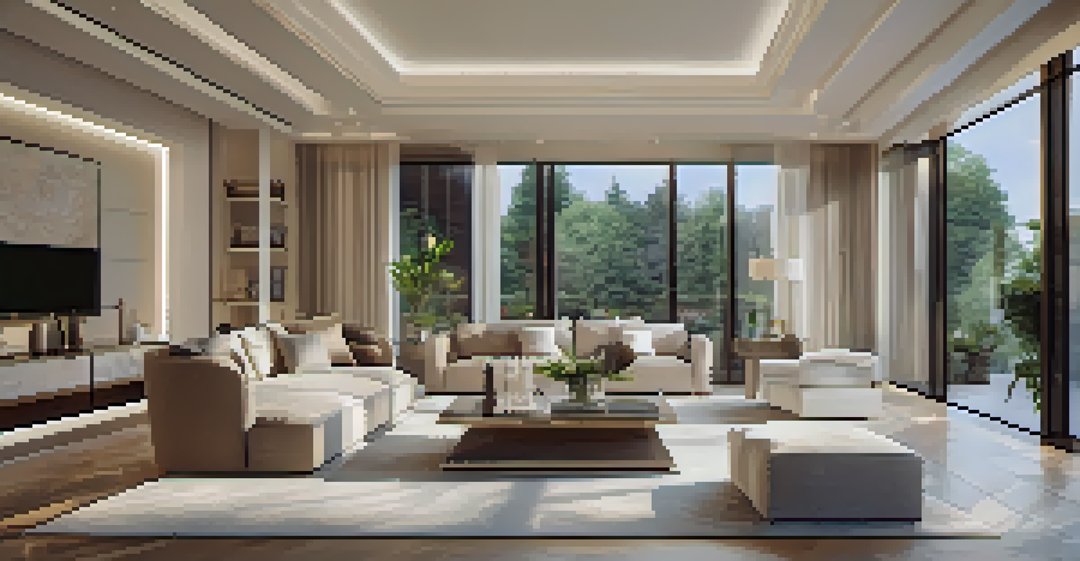 A spacious luxury living room with automated motion sensors and elegant furniture, showcasing a person entering as lights turn on.