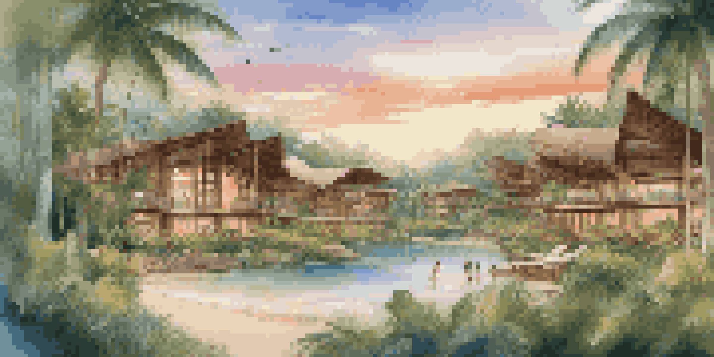 A luxury eco-resort surrounded by nature, with guests engaged in a beach clean-up during sunset.