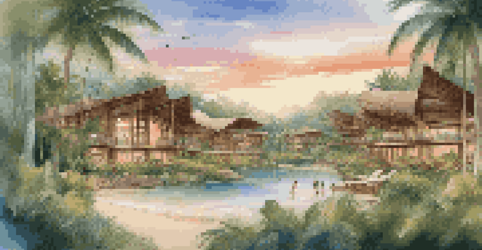 A luxury eco-resort surrounded by nature, with guests engaged in a beach clean-up during sunset.