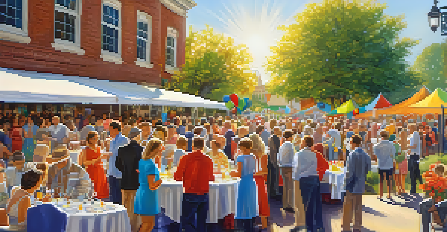 An outdoor charity event with a banner, attendees enjoying refreshments and activities under bright sunlight.