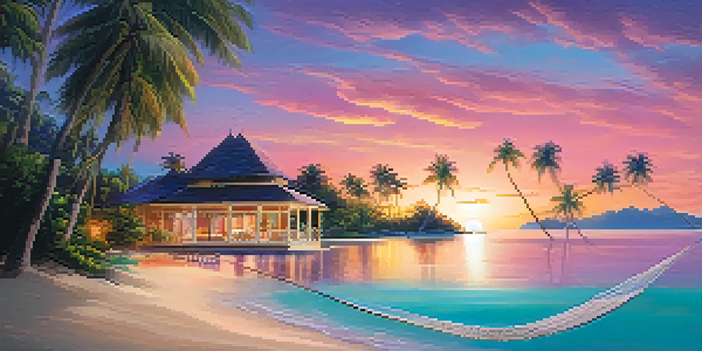 A stunning sunset view of a private island with a hammock, a villa, and turquoise waters.