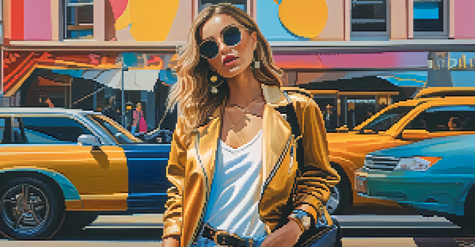 A fashionable woman posing in front of street art in a busy city during sunset.