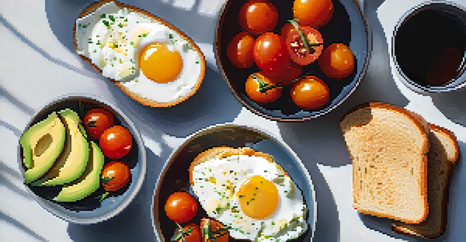 Overhead view of a breakfast spread with sous vide eggs, avocado, cherry tomatoes, and toast.