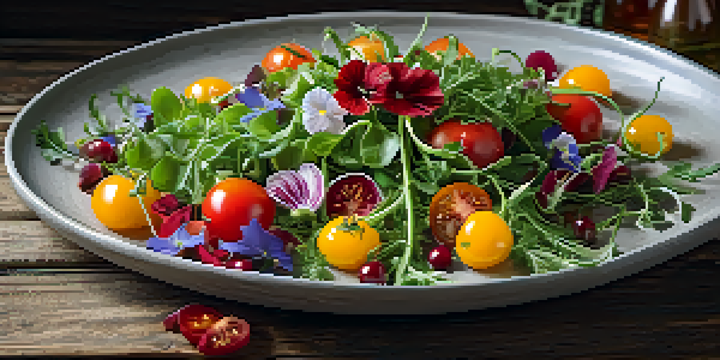 A gourmet dish artistically arranged with seasonal ingredients, including arugula and heirloom tomatoes, on a rustic wooden table with soft natural lighting.