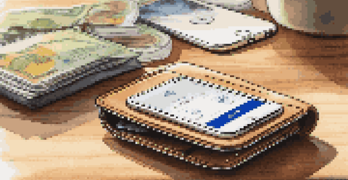 A smart wallet on a wooden table, open to show cards and cash, with a smartphone displaying a GPS tracking app in the background.
