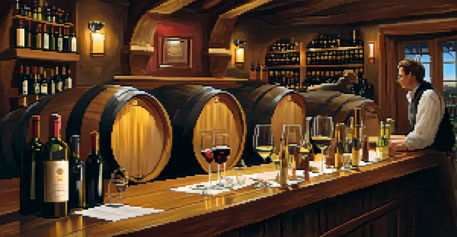 A cozy winery interior with a couple enjoying wine tasting, a sommelier pouring wine, and barrels in the background.